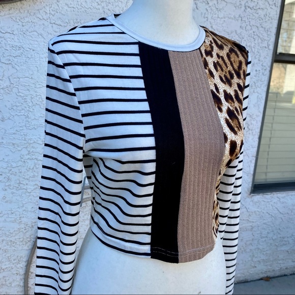 Shein Patchwork Cheetah Long Sleeve Crop Top - Picture 2 of 6